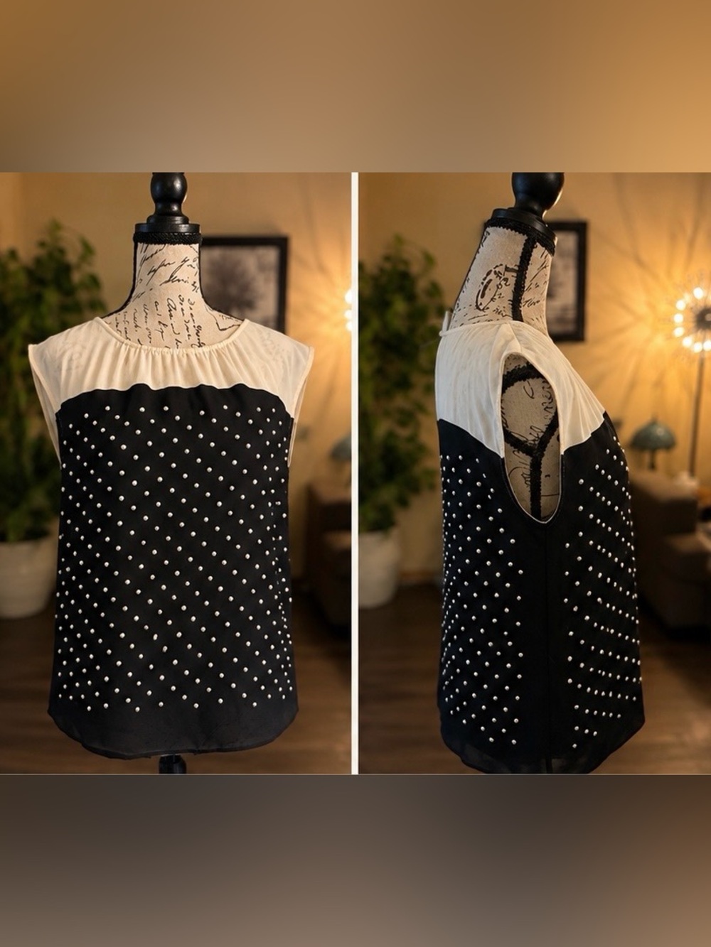GREYLIN Black & Ivory Pearl-Embellished Sleeveless Blouse – Approx. Small